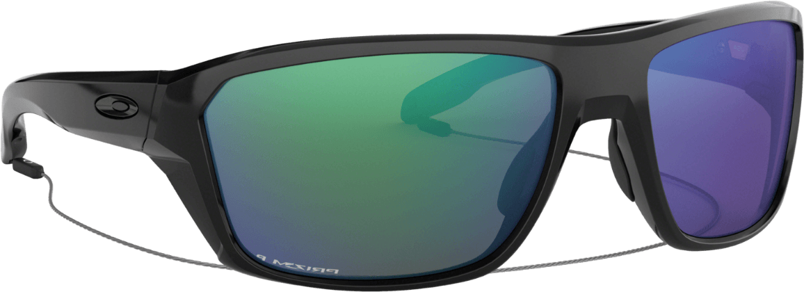 Schwarze Sportbrille mit grünlich-blauen, verspiegelten Gläsern.