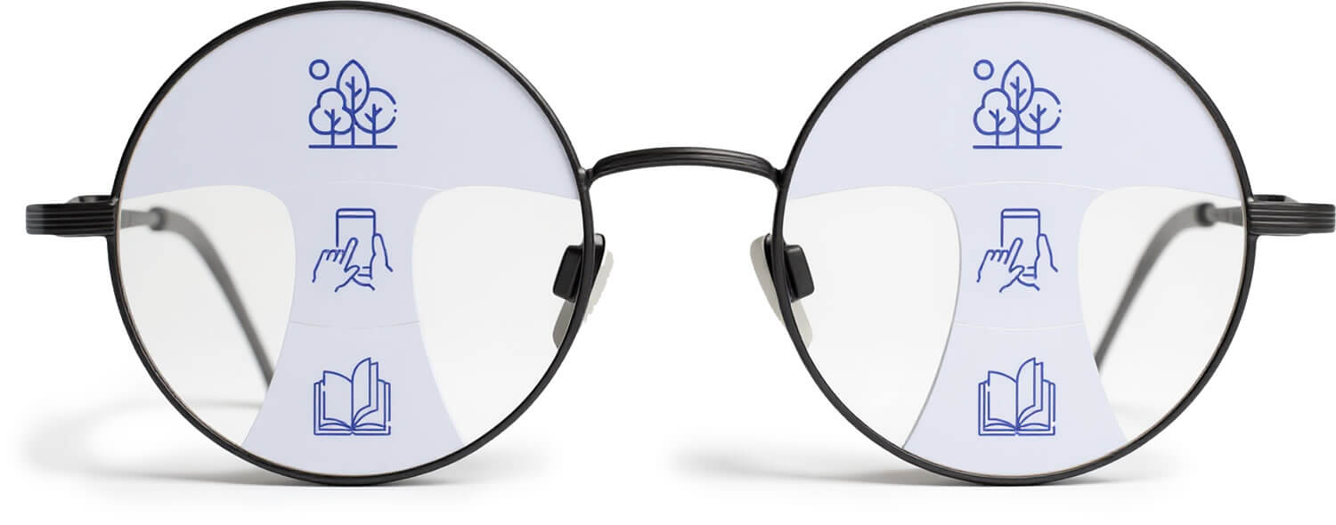 Gleitsichtbrille mit Symbolen für Alltag, Sehen und Lesen auf den Gläsern