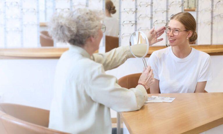 Optikerin zeigt einer Kundin mit einem Handspiegel eine Brille.