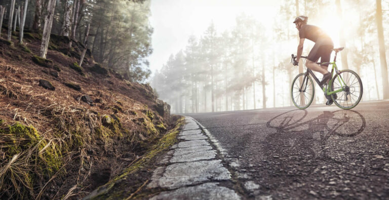 Radfahrer mit Sportbrille fährt auf einem Rennrad eine kurvenreiche Straße durch einen Wald hinauf.